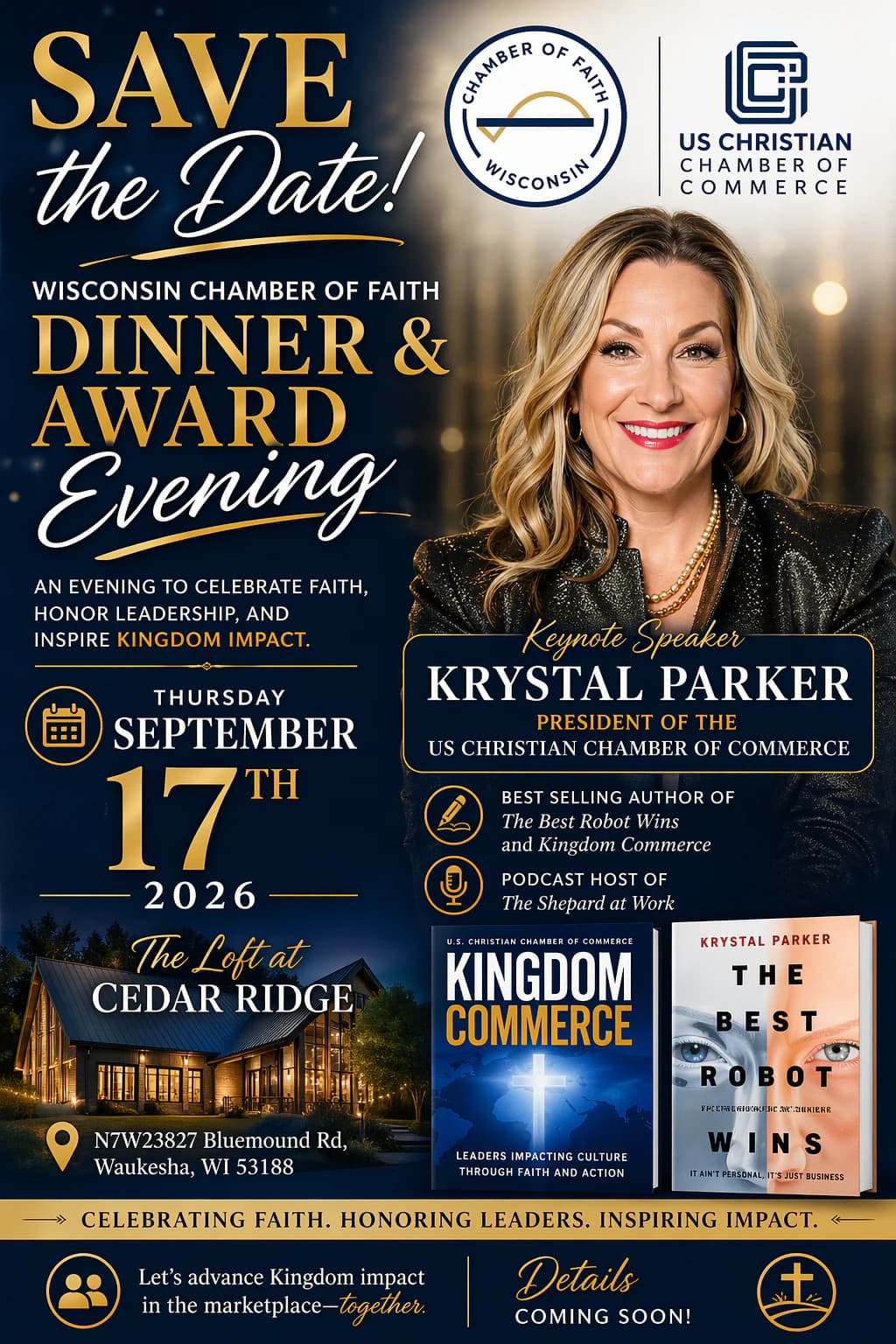 Save the date poster for the Wisconsin Chamber of Faith Dinner and Award Evening featuring Krystal Parker